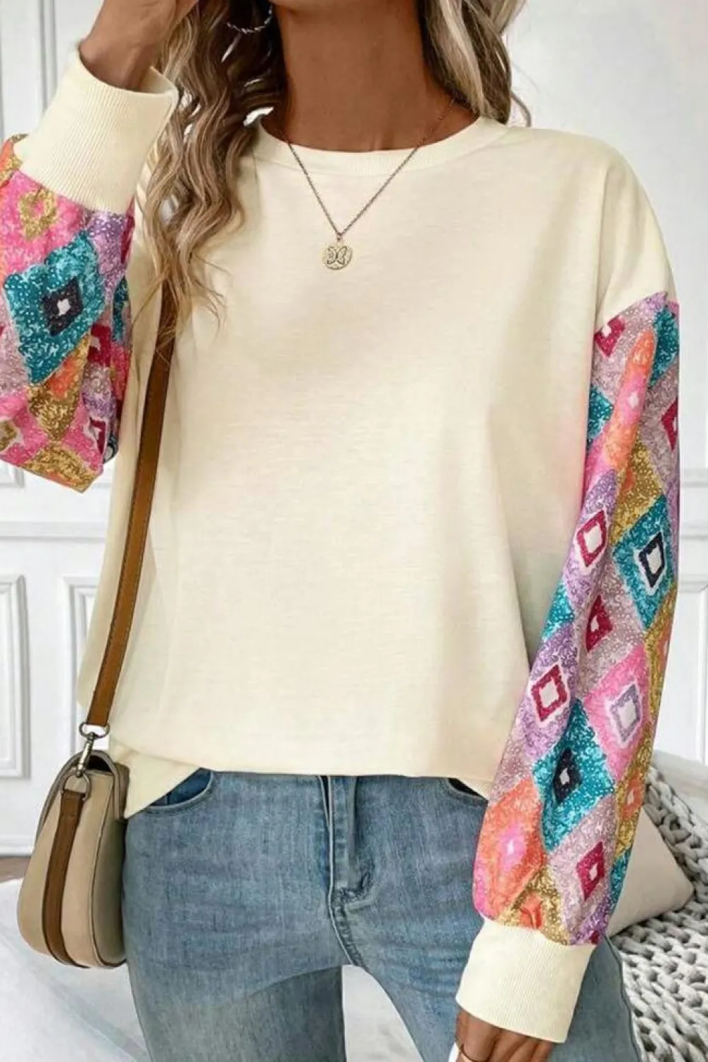 Sale Dear-Lover Geometric Printed Patchwork Long Sleeve Round Neck Top Apricot