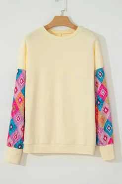 Sale Dear-Lover Geometric Printed Patchwork Long Sleeve Round Neck Top Apricot