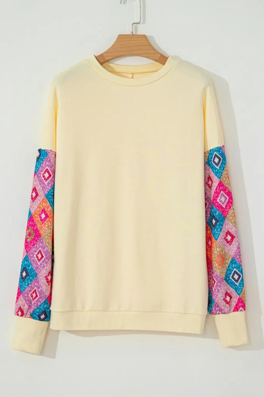 Sale Dear-Lover Geometric Printed Patchwork Long Sleeve Round Neck Top Apricot