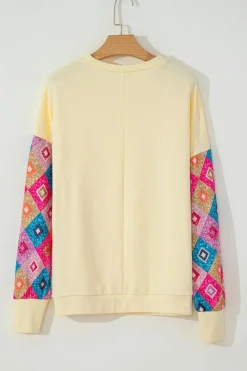 Sale Dear-Lover Geometric Printed Patchwork Long Sleeve Round Neck Top Apricot
