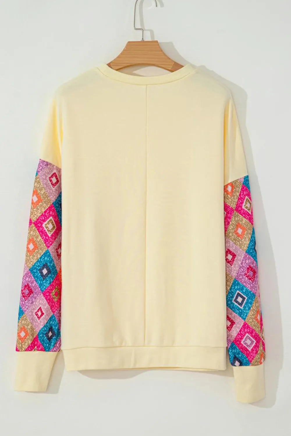 Sale Dear-Lover Geometric Printed Patchwork Long Sleeve Round Neck Top Apricot