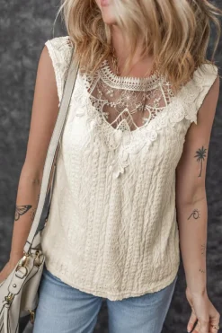 Clearance Dear-Lover Guipure Lace Crochet Keyhole Back Tank Top Apricot
