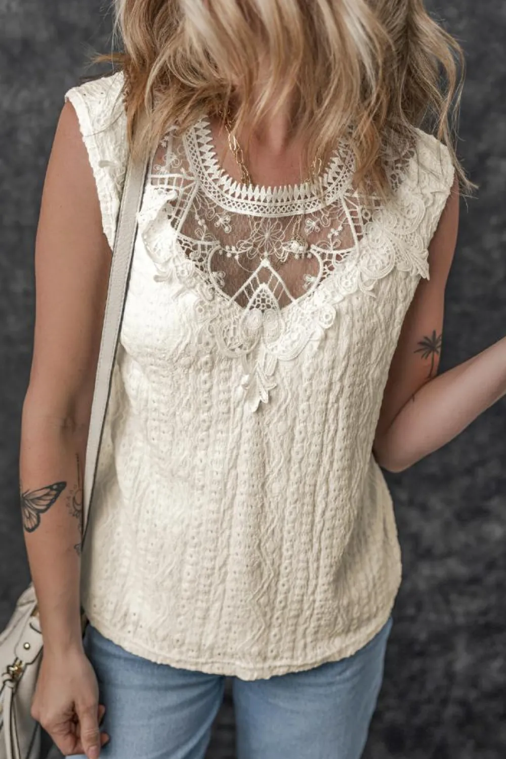 Clearance Dear-Lover Guipure Lace Crochet Keyhole Back Tank Top Apricot