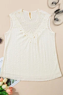 Clearance Dear-Lover Guipure Lace Crochet Keyhole Back Tank Top Apricot