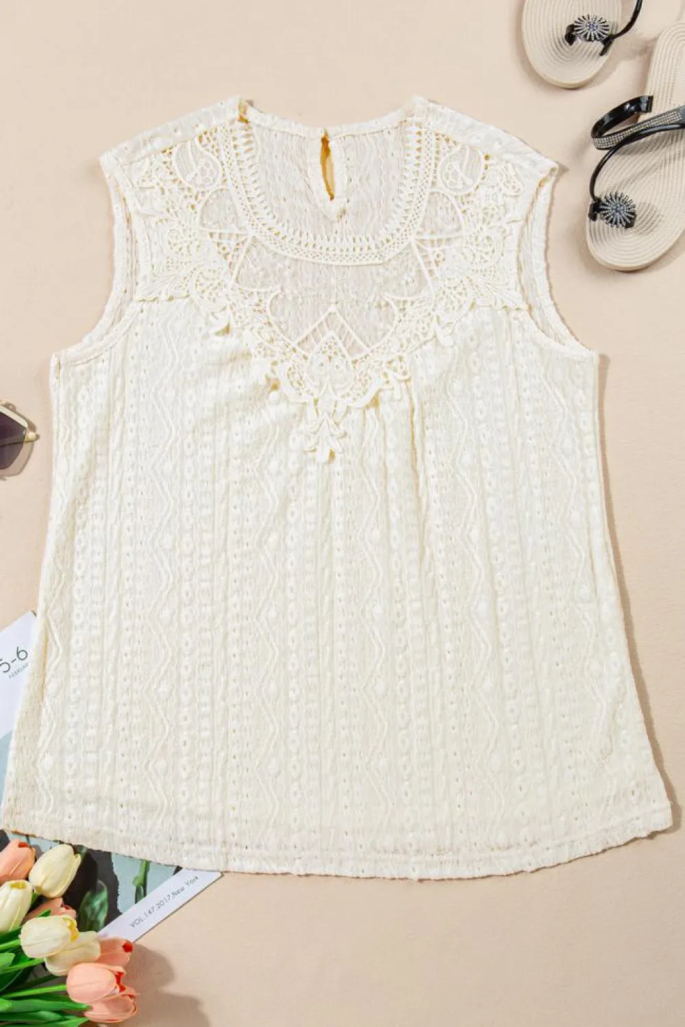 Clearance Dear-Lover Guipure Lace Crochet Keyhole Back Tank Top Apricot