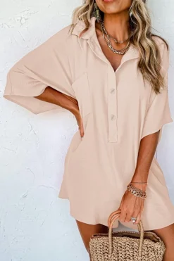 Best Dear-Lover Half Button Collared Loose Romper Apricot