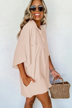 Best Dear-Lover Half Button Collared Loose Romper Apricot