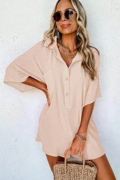 Best Dear-Lover Half Button Collared Loose Romper Apricot