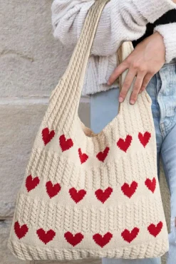 New Dear-Lover Heart Pattern Knit Large Shoulder Bag Apricot
