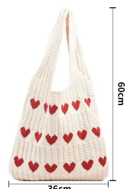 New Dear-Lover Heart Pattern Knit Large Shoulder Bag Apricot