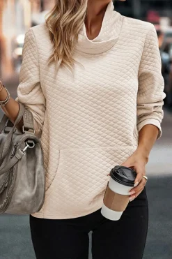Fashion Dear-Lover High Neck Kangaroo Pocket Quilted Sweatshirt Apricot