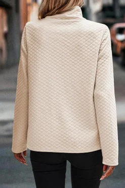Fashion Dear-Lover High Neck Kangaroo Pocket Quilted Sweatshirt Apricot