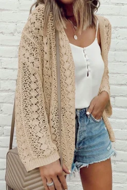 New Dear-Lover Hollow Out Knit Drop Shoulder Open Front Cardigan Apricot