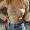 Online Dear-Lover Lace Mesh Crochet Splicing Slim Fit Long Sleeve Blouse Apricot