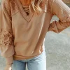 Outlet Dear-Lover Lace Waffle Patchwork Strappy V Neck Long Sleeve Top Apricot