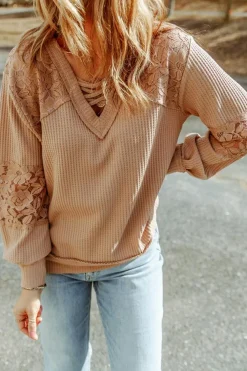 Outlet Dear-Lover Lace Waffle Patchwork Strappy V Neck Long Sleeve Top Apricot