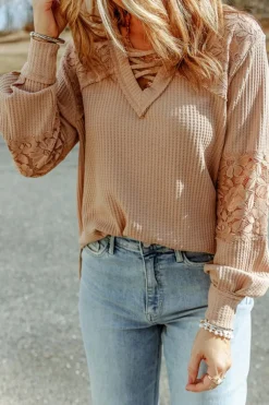 Outlet Dear-Lover Lace Waffle Patchwork Strappy V Neck Long Sleeve Top Apricot