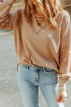 Outlet Dear-Lover Lace Waffle Patchwork Strappy V Neck Long Sleeve Top Apricot