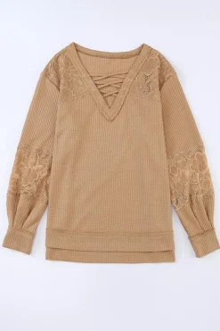 Outlet Dear-Lover Lace Waffle Patchwork Strappy V Neck Long Sleeve Top Apricot