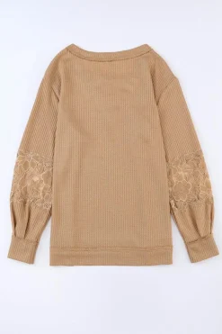 Outlet Dear-Lover Lace Waffle Patchwork Strappy V Neck Long Sleeve Top Apricot