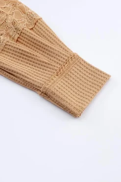 Outlet Dear-Lover Lace Waffle Patchwork Strappy V Neck Long Sleeve Top Apricot