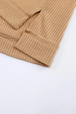 Outlet Dear-Lover Lace Waffle Patchwork Strappy V Neck Long Sleeve Top Apricot