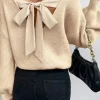 Outlet Dear-Lover Lantern Sleeve V Neck Knot Back Sweater Apricot