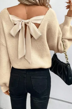 Outlet Dear-Lover Lantern Sleeve V Neck Knot Back Sweater Apricot
