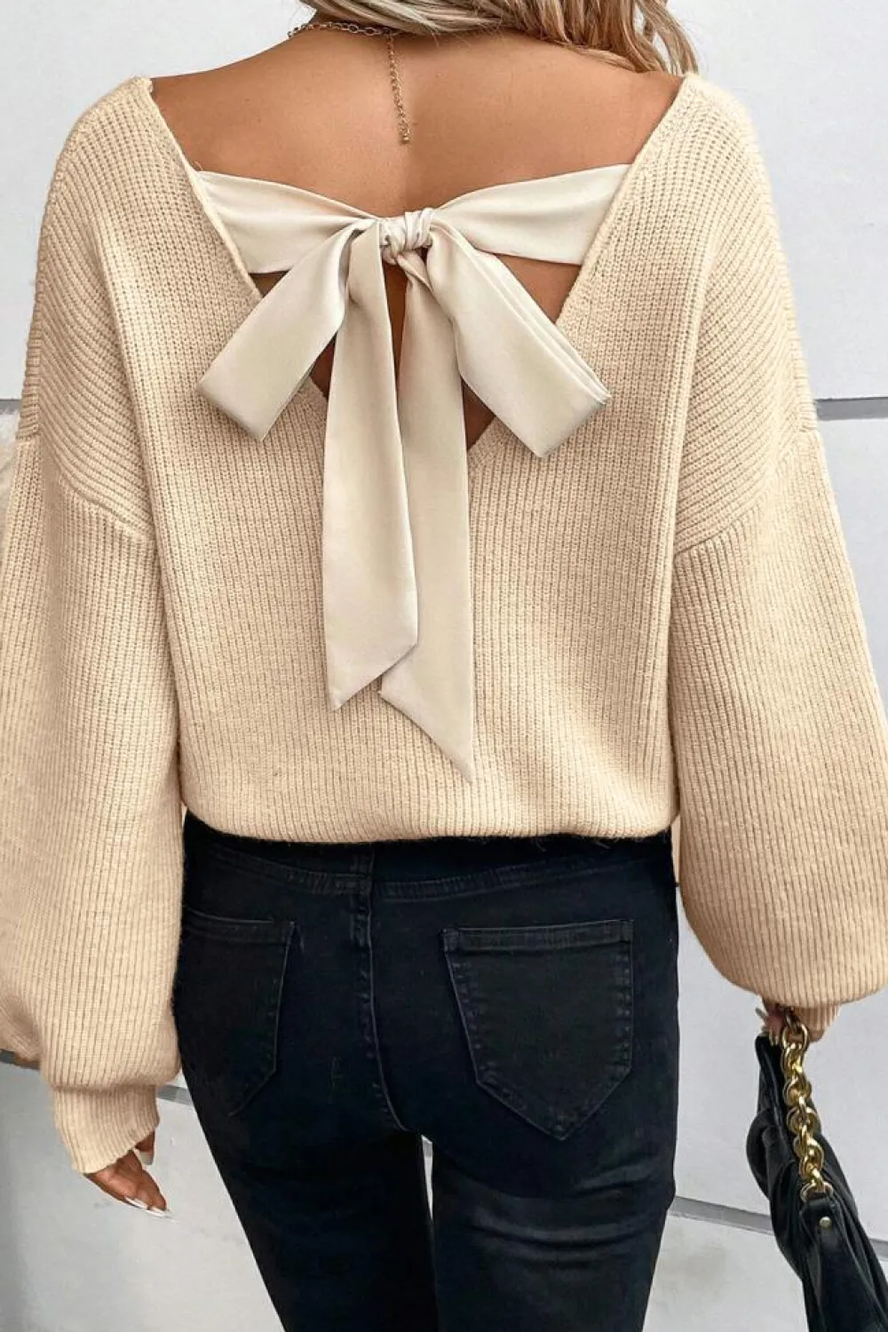 Outlet Dear-Lover Lantern Sleeve V Neck Knot Back Sweater Apricot