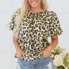 Clearance Dear-Lover Leopard Bubble Sleeve Bow Tie Front Peplum Blouse Apricot