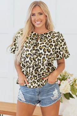 Clearance Dear-Lover Leopard Bubble Sleeve Bow Tie Front Peplum Blouse Apricot