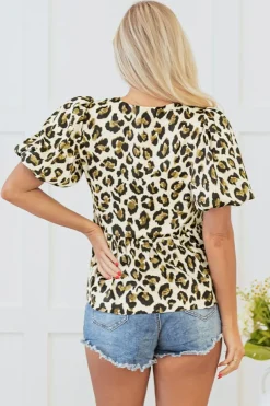 Clearance Dear-Lover Leopard Bubble Sleeve Bow Tie Front Peplum Blouse Apricot