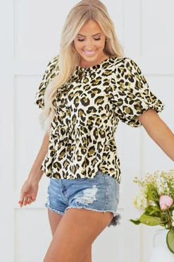 Clearance Dear-Lover Leopard Bubble Sleeve Bow Tie Front Peplum Blouse Apricot