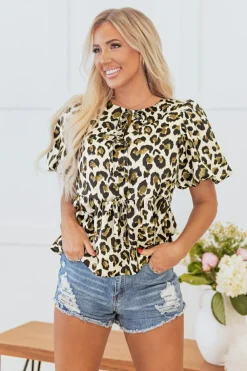 Clearance Dear-Lover Leopard Bubble Sleeve Bow Tie Front Peplum Blouse Apricot