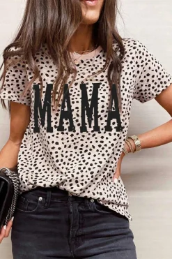 Clearance Dear-Lover Leopard MAMA Graphic Crew Neck T Shirt Apricot
