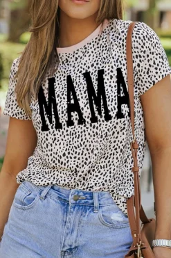 Clearance Dear-Lover Leopard MAMA Graphic Crew Neck T Shirt Apricot