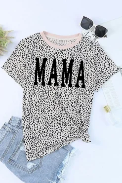 Clearance Dear-Lover Leopard MAMA Graphic Crew Neck T Shirt Apricot
