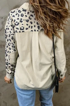 Best Dear-Lover Leopard Print Detail Pocketed Corduroy Jacket Apricot