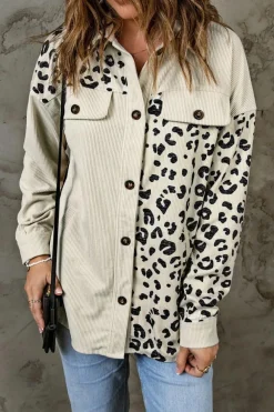 Best Dear-Lover Leopard Print Detail Pocketed Corduroy Jacket Apricot