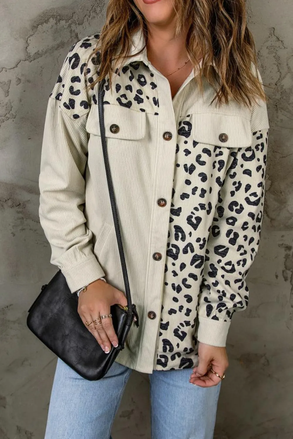 Best Dear-Lover Leopard Print Detail Pocketed Corduroy Jacket Apricot
