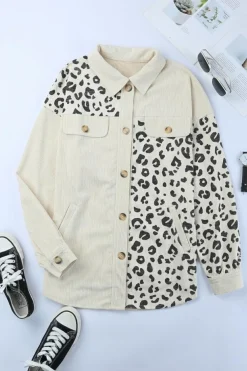 Best Dear-Lover Leopard Print Detail Pocketed Corduroy Jacket Apricot