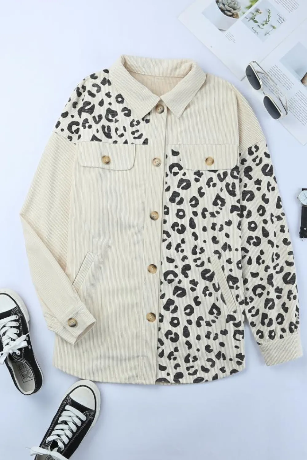 Best Dear-Lover Leopard Print Detail Pocketed Corduroy Jacket Apricot