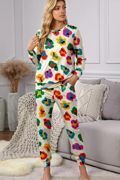 New Dear-Lover Leopard Print Long Sleeve Top and Skinny Pants Lounge Set Apricot