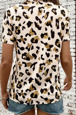 Hot Dear-Lover Leopard Print Round Neck Casual T Shirt Apricot