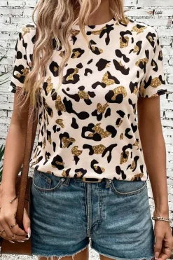Hot Dear-Lover Leopard Print Round Neck Casual T Shirt Apricot