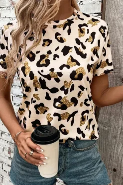 Hot Dear-Lover Leopard Print Round Neck Casual T Shirt Apricot