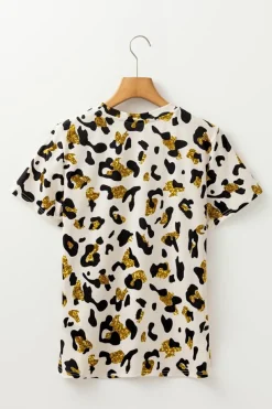 Hot Dear-Lover Leopard Print Round Neck Casual T Shirt Apricot