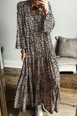 Best Dear-Lover Leopard Print Tiered Wide Sleeve Maxi Dress Apricot