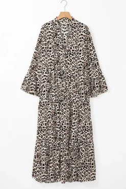 Best Dear-Lover Leopard Print Tiered Wide Sleeve Maxi Dress Apricot