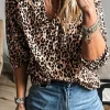 Outlet Dear-Lover Leopard V Neck Half Sleeve Blouse Apricot